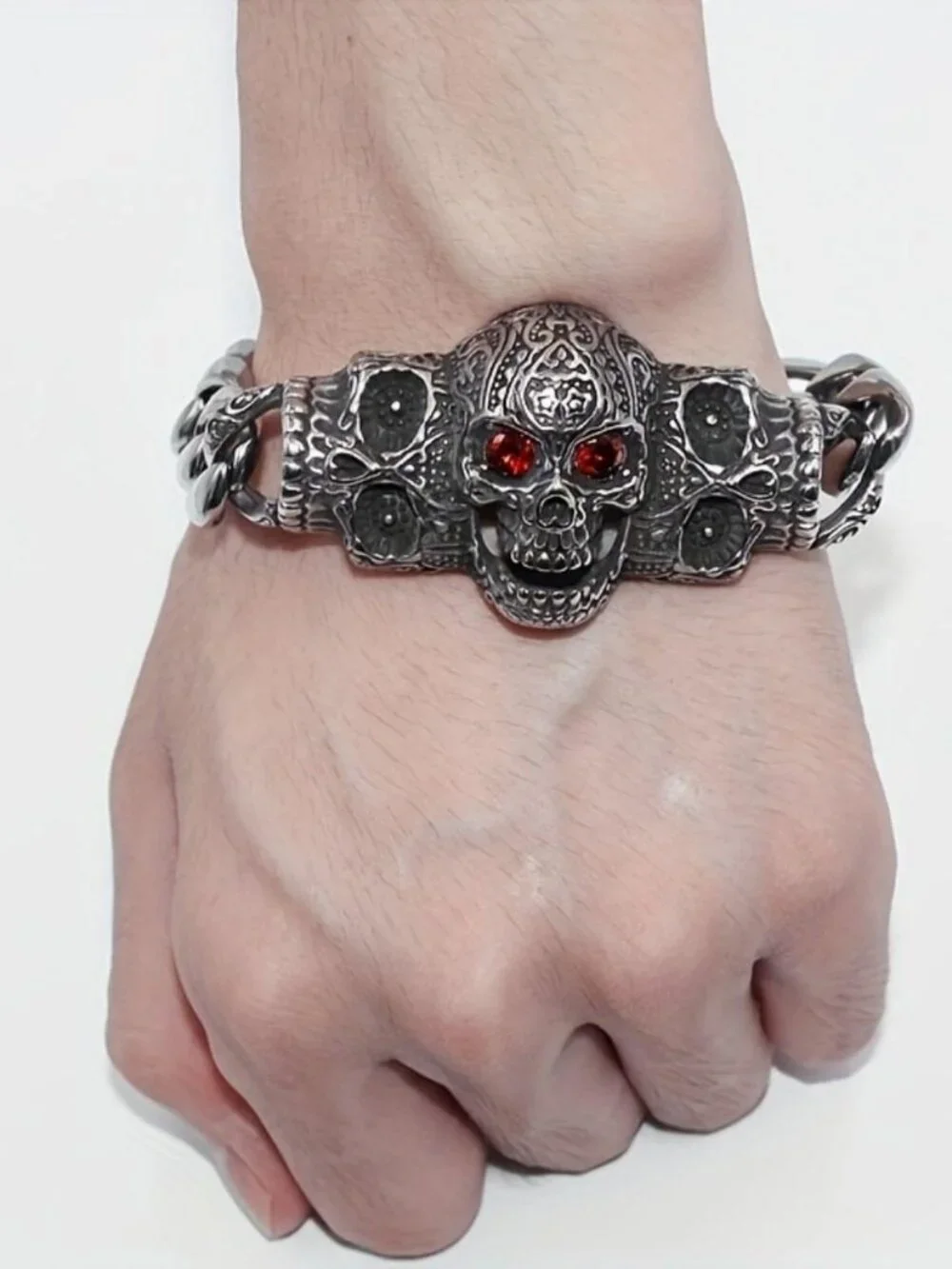 Mens red eye skull bracelet stainless steel gothic